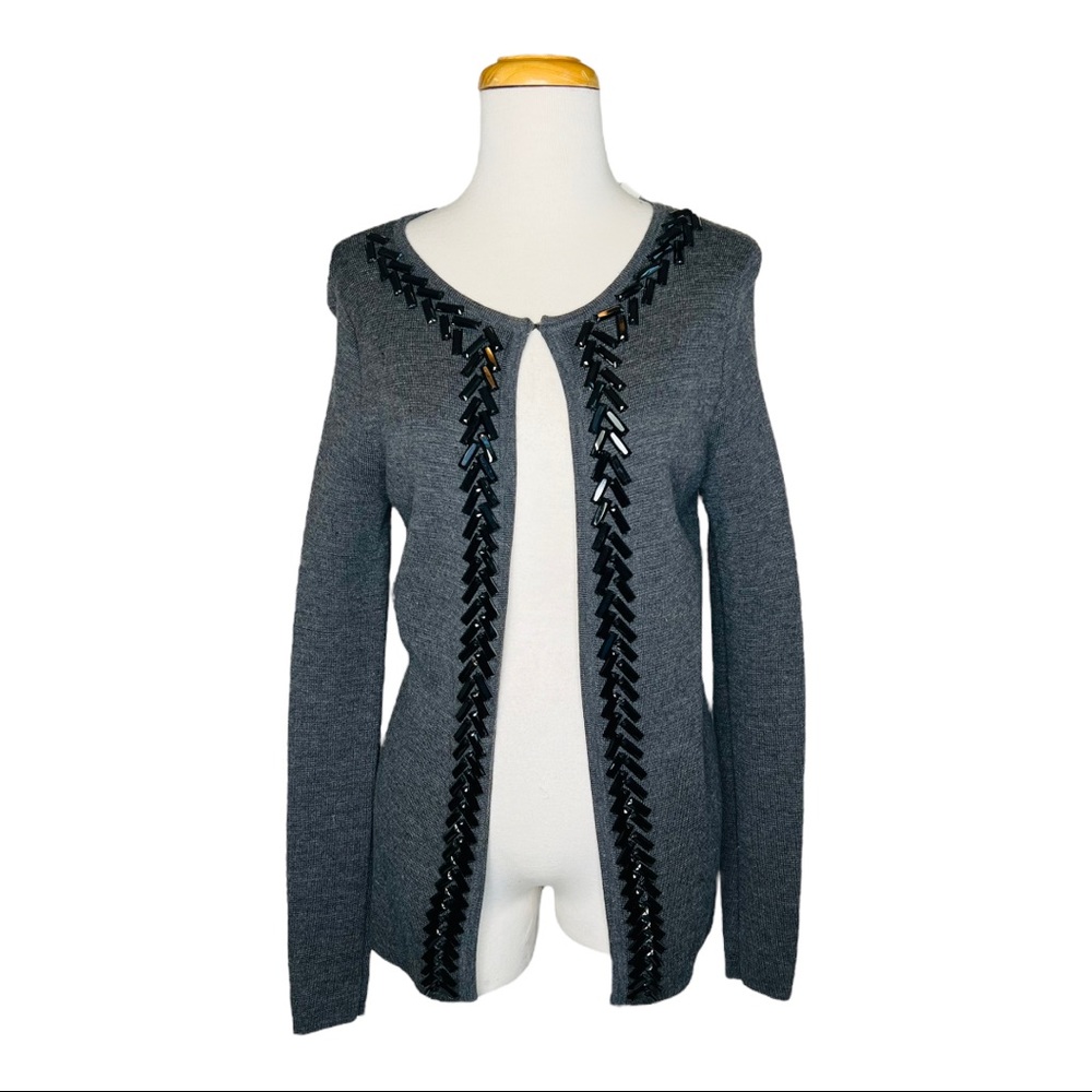 Adrienne Vittadini Carbon Heather Open Front Sweater Luxury Mercerized Wool Sz S